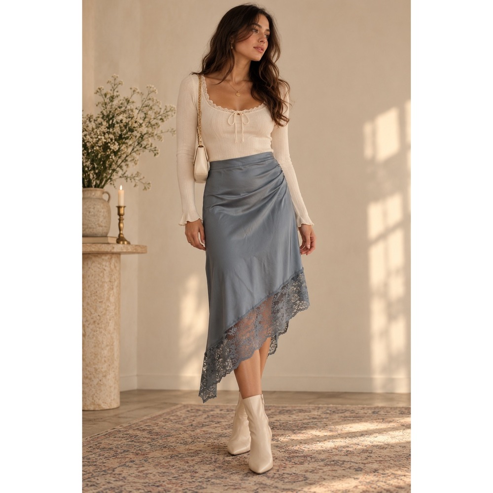Zara Asymmetrical Midi Skirt Steel Blue Lace Trim Satin Coquette XS